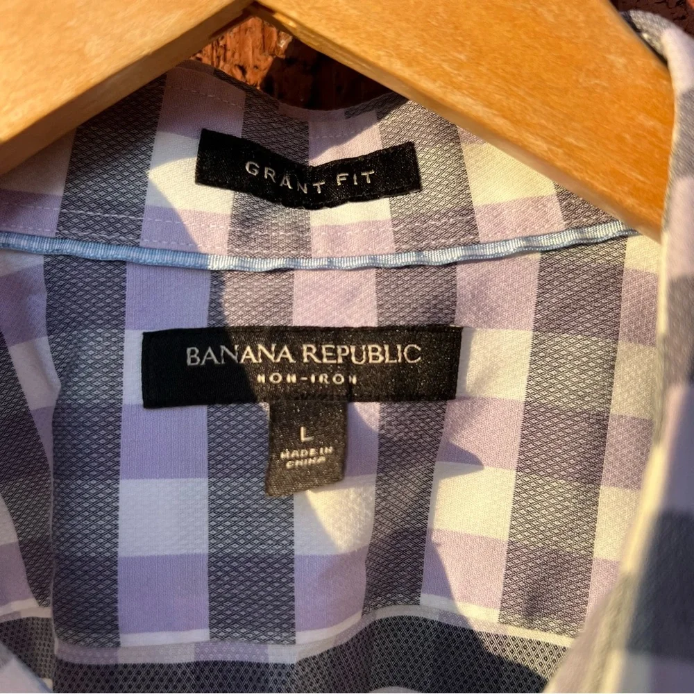 Banana Republic Gray and Light Purple Grid Grant Fit Non-Iron Button Down Shirt
